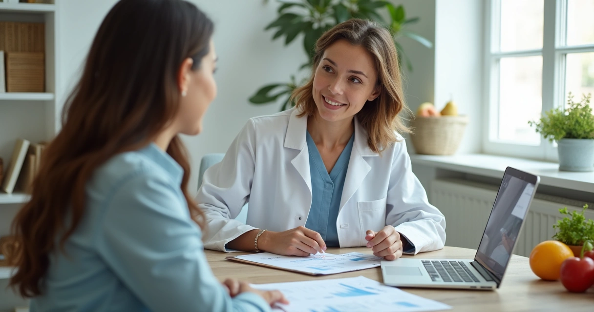 Nutricionista em sala atendendo paciente, anotações na prancheta
