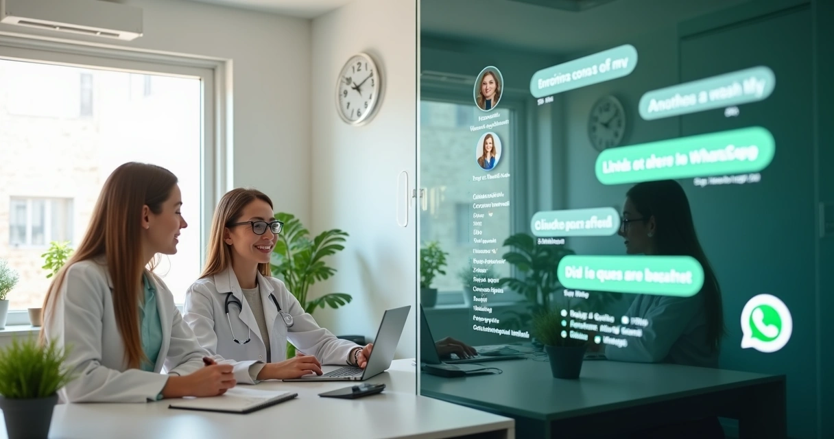 Nutricionista discutindo com secretária e ao lado tela mostrando automação no WhatsApp