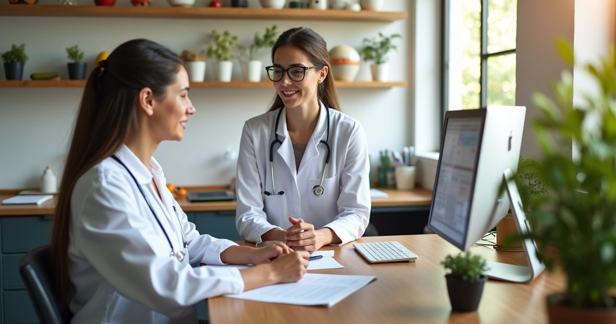 Nutricionista atendendo paciente em consultório com secretária ao fundo 