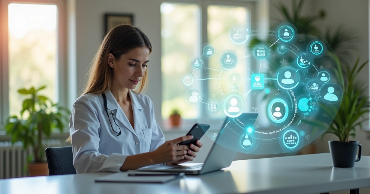 Nutricionista utilizando laptop e smartphone com gráficos digitais ao redor para segmentar atendimento automatizado e mentorias coletivas