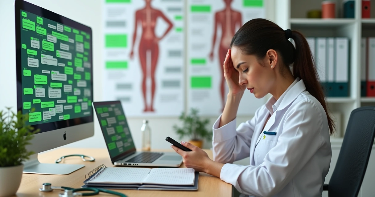 Nutricionista olhando sobrecarregada para tela cheia de mensagens de pacientes 