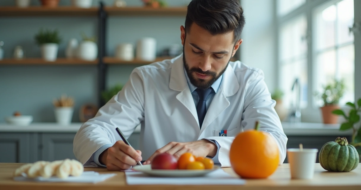 Nutricionista sentado em mesa cheia de papéis e dispositivos, demonstrando sobrecarga de tarefas repetitivas no consultório 