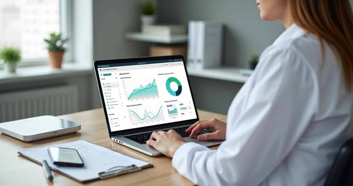 Nutricionista analisando painel de software de nutrição com gráficos clínicos em notebook 