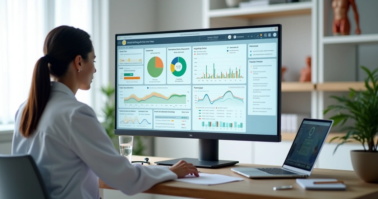 Nutricionista avaliando painel clínico digital com gráficos e dados de pacientes 