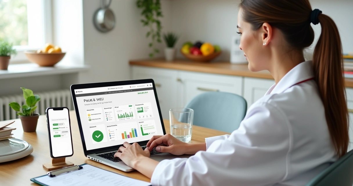 Nutricionista analisando software de nutrição em laptop no consultório 