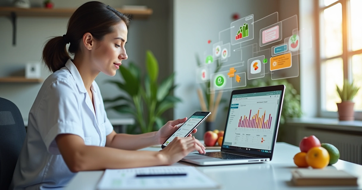 Nutricionista usando laptop e smartphone com gráficos e ícones de produtividade ao redor