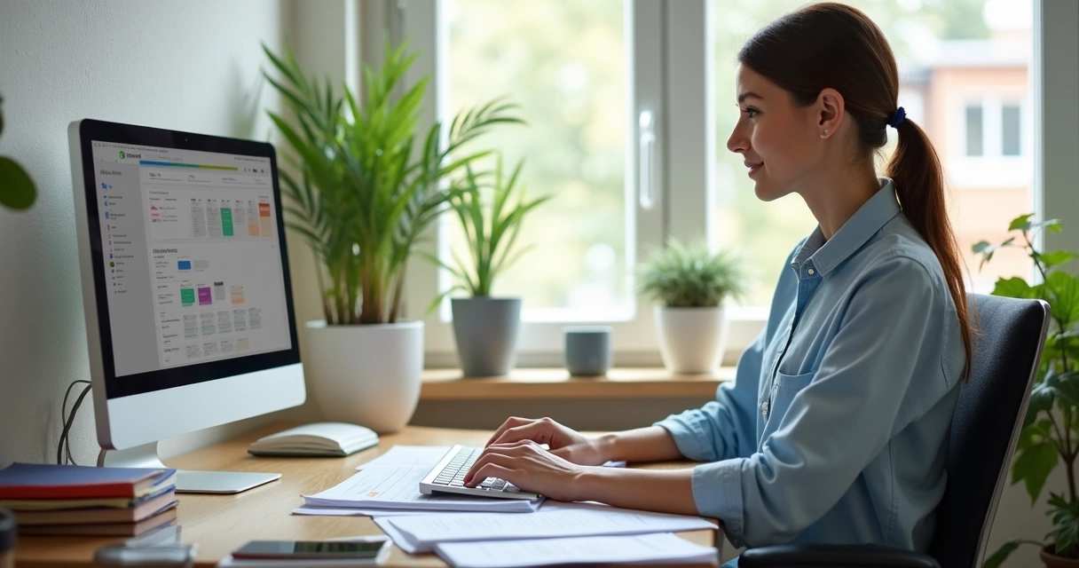 Nutricionista com computador e planilhas na mesa 