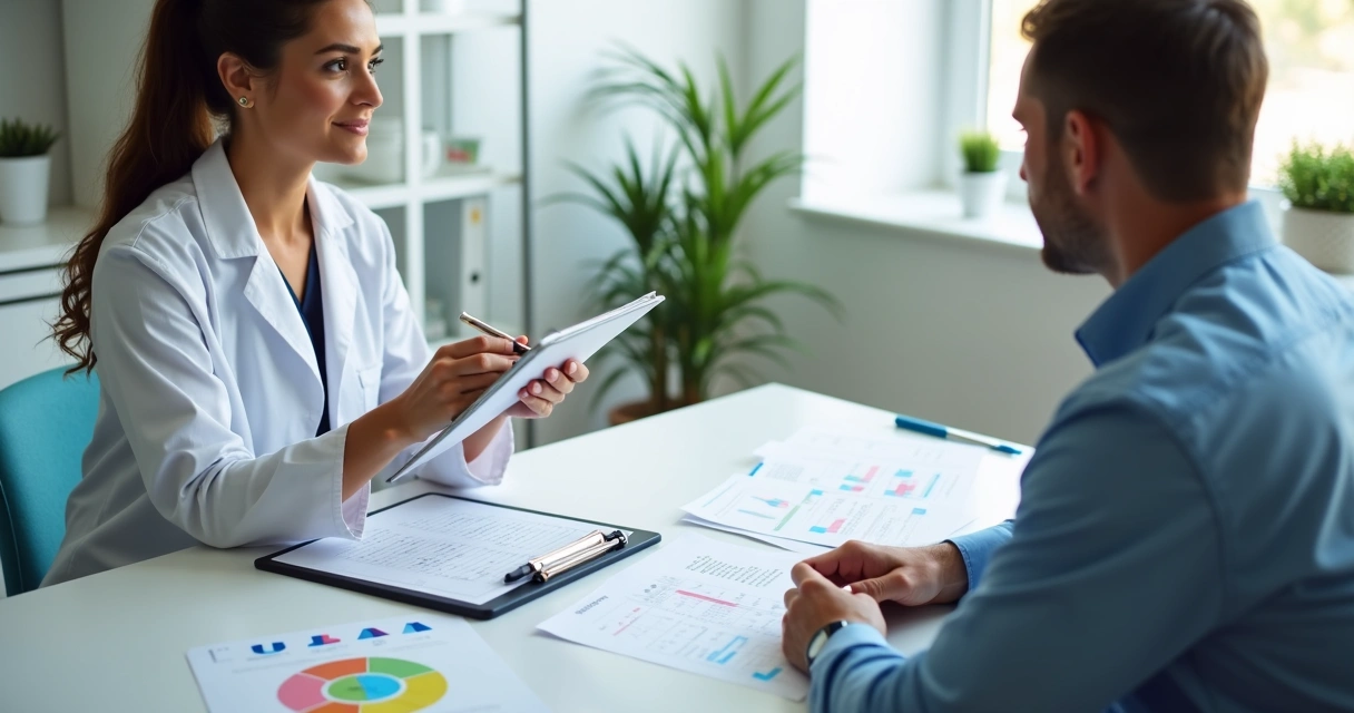 Nutricionista em consultório analisando uma lista de exames laboratoriais 