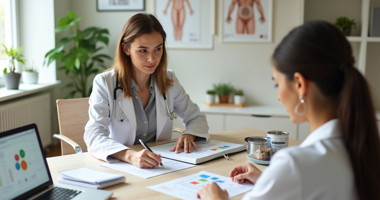 Nutricionista mostrando materiais personalizados para paciente em consulta 