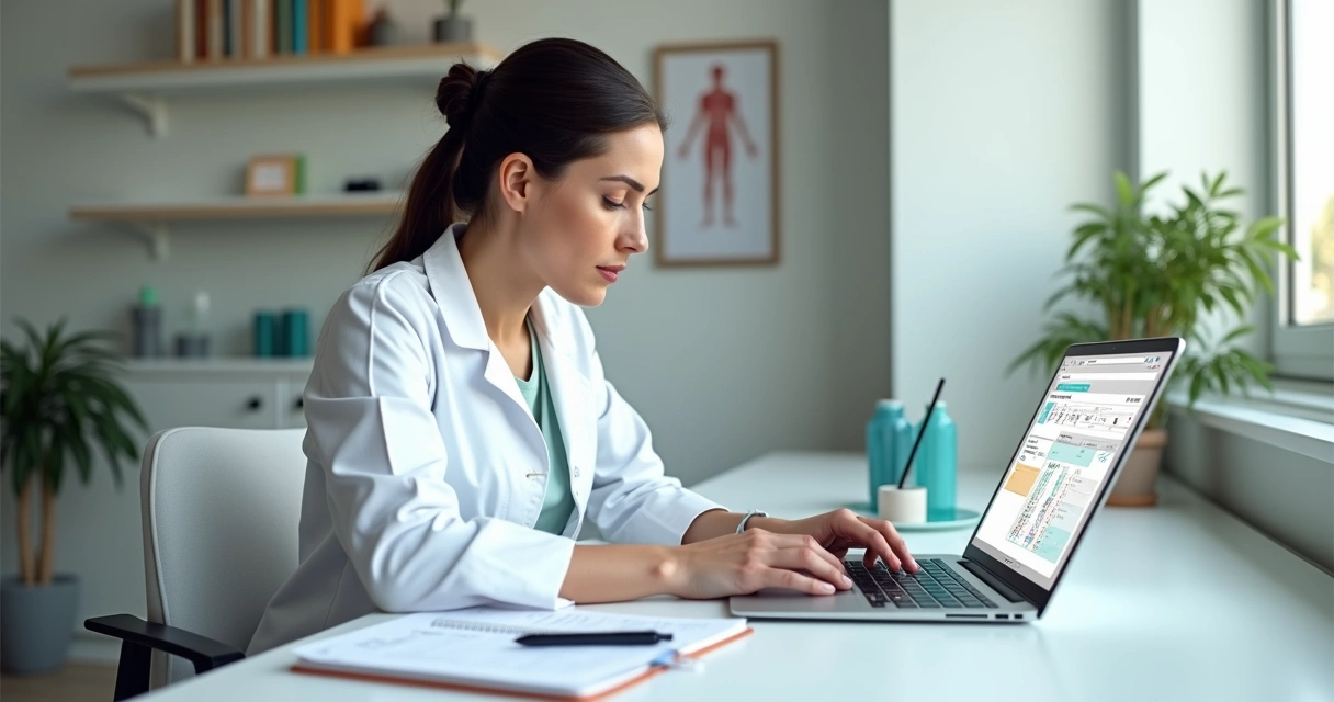 Nutricionista em consultório testando sistema digital em laptop com manual de anotações ao lado 