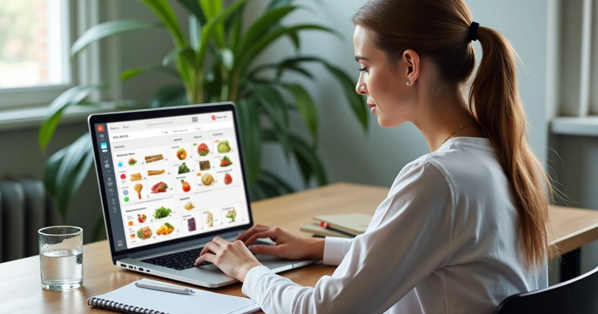 Nutricionista usando plataforma digital para montar plano alimentar personalizado 