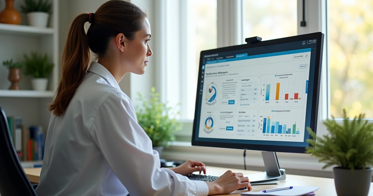 Nutricionista avaliando um software, com telas mostrando dados de pacientes 