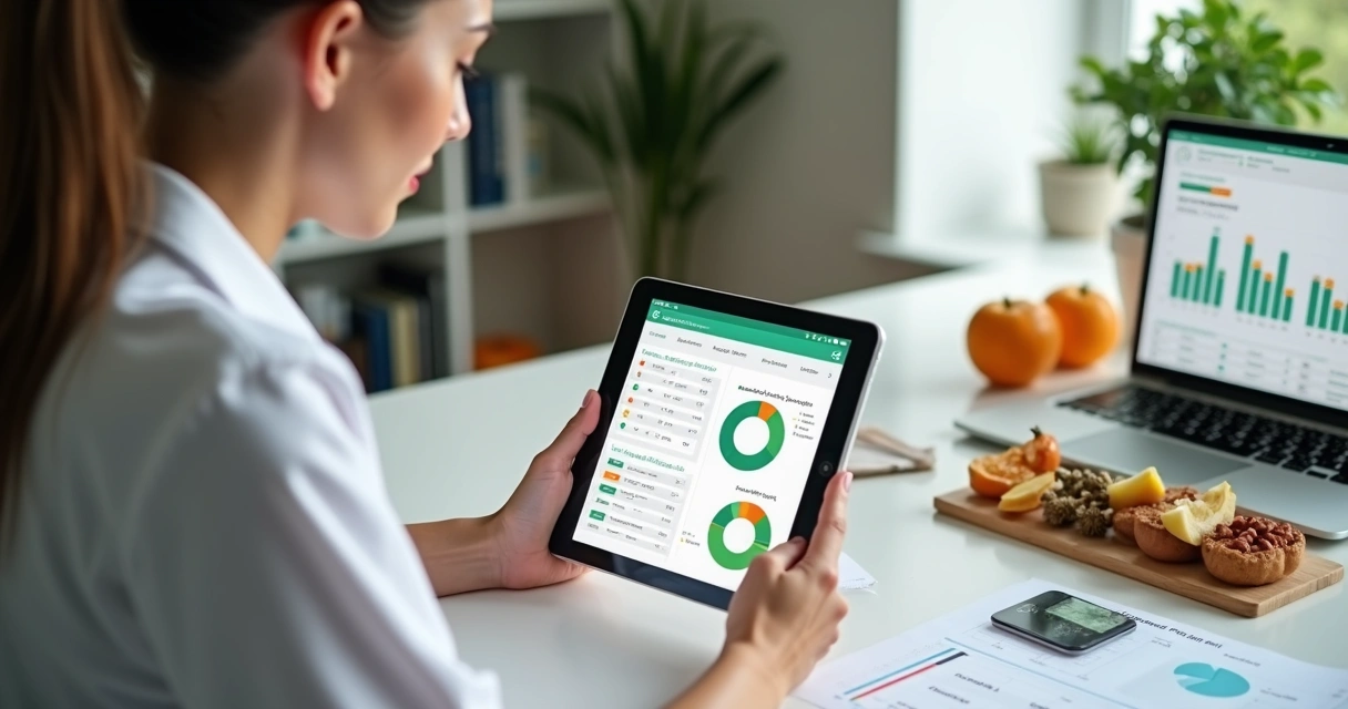 Nutricionista analisando dados em aplicativo de monitoramento nutricional no tablet 