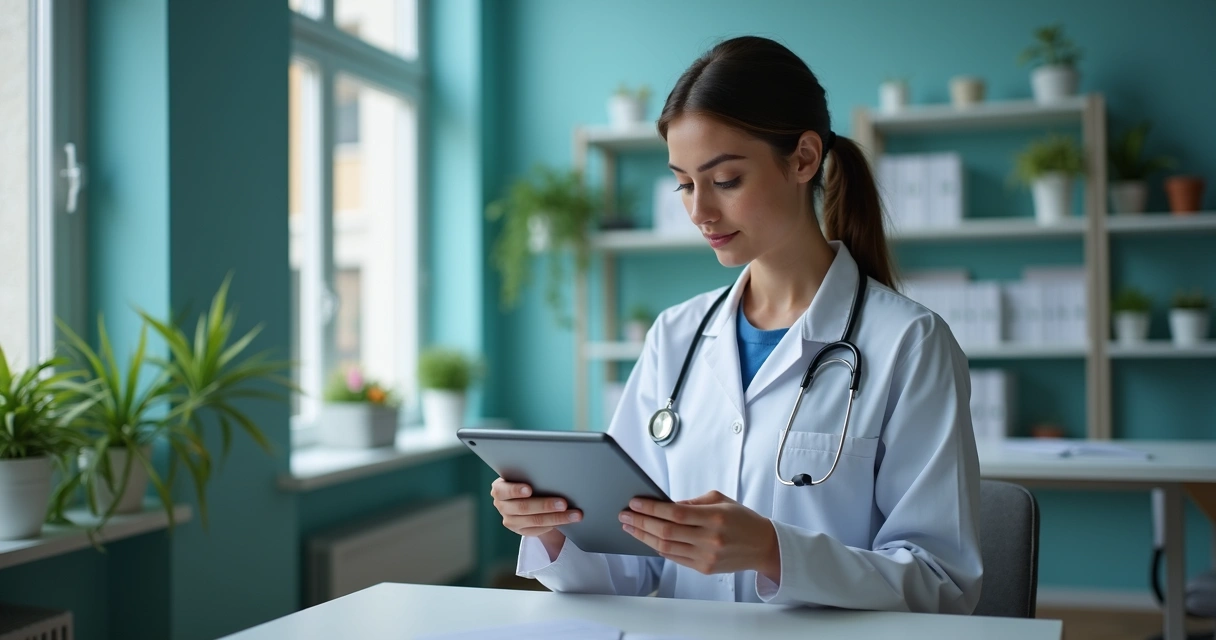 Nutricionista utilizando checklist digital no tablet durante consulta em consultório moderno 