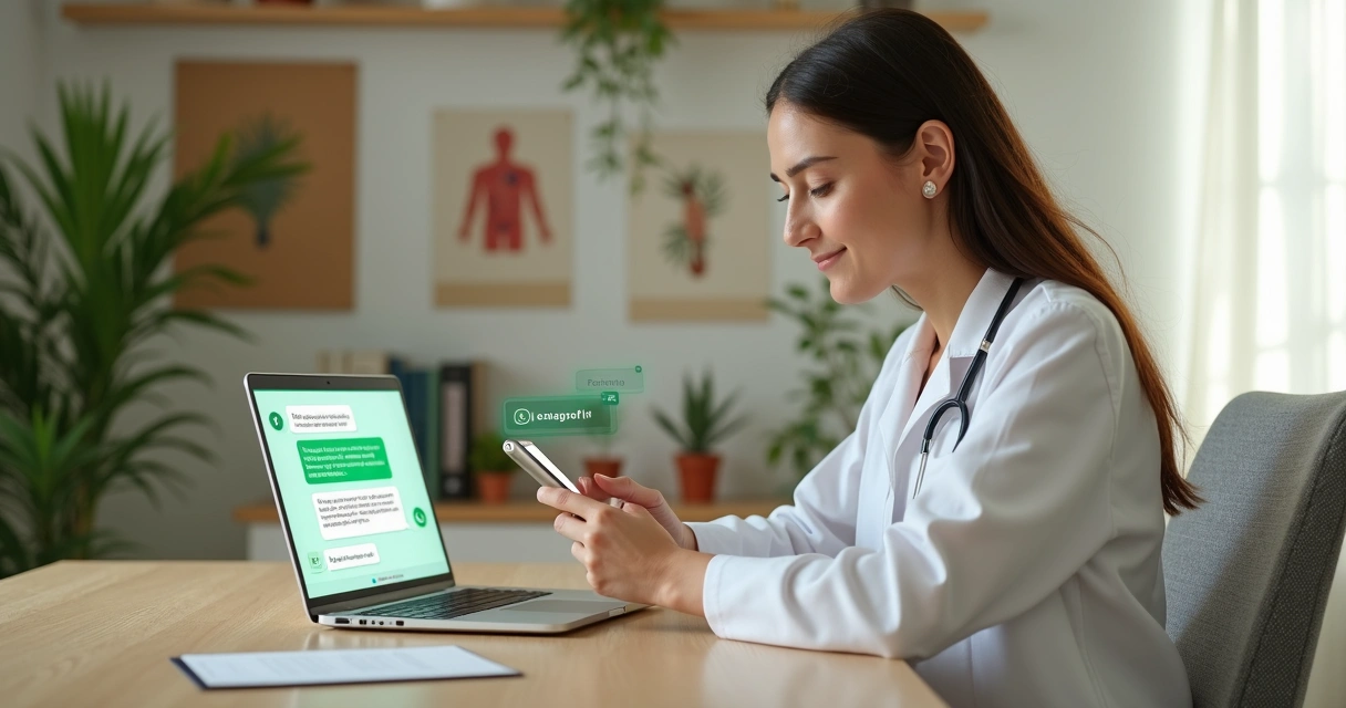 Nutricionista usando WhatsApp com chatbot de IA em atendimento acolhedor 