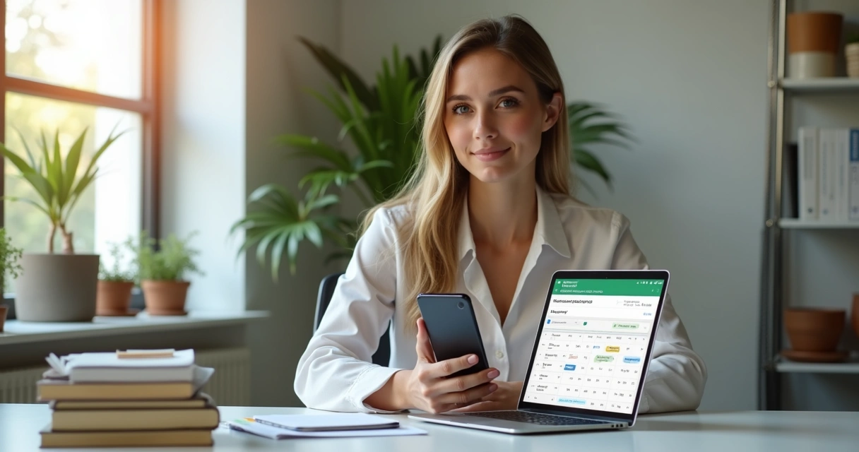Nutricionista usando smartphone para automatizar agendamento pelo WhatsApp no consultório moderno