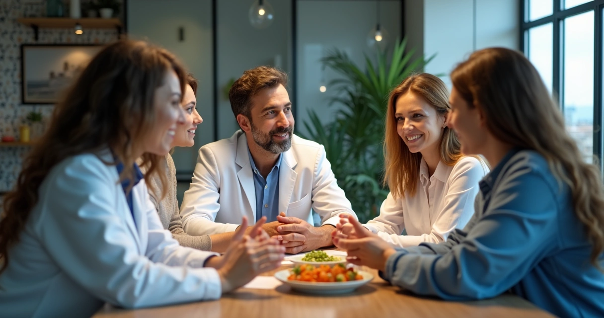 Nutricionistas discutindo em grupo online e outra profissional em mentoria individual via videochamada 