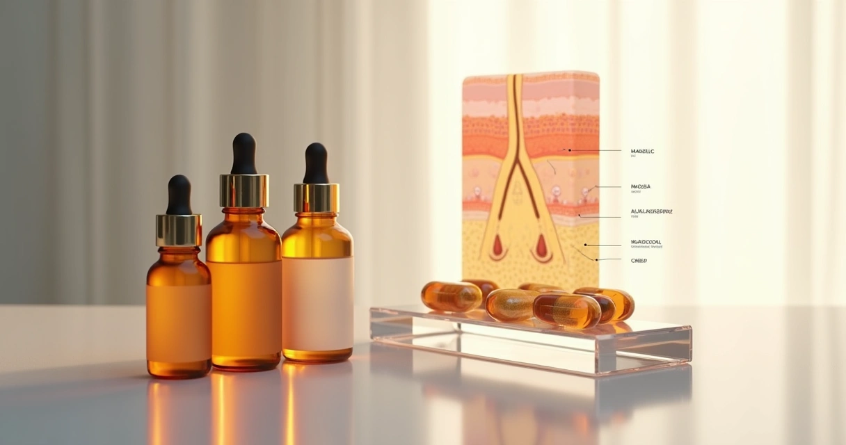 Mesa com cápsulas de nutricosméticos e frascos de dermocosméticos ao lado de ilustração de pele em corte. 