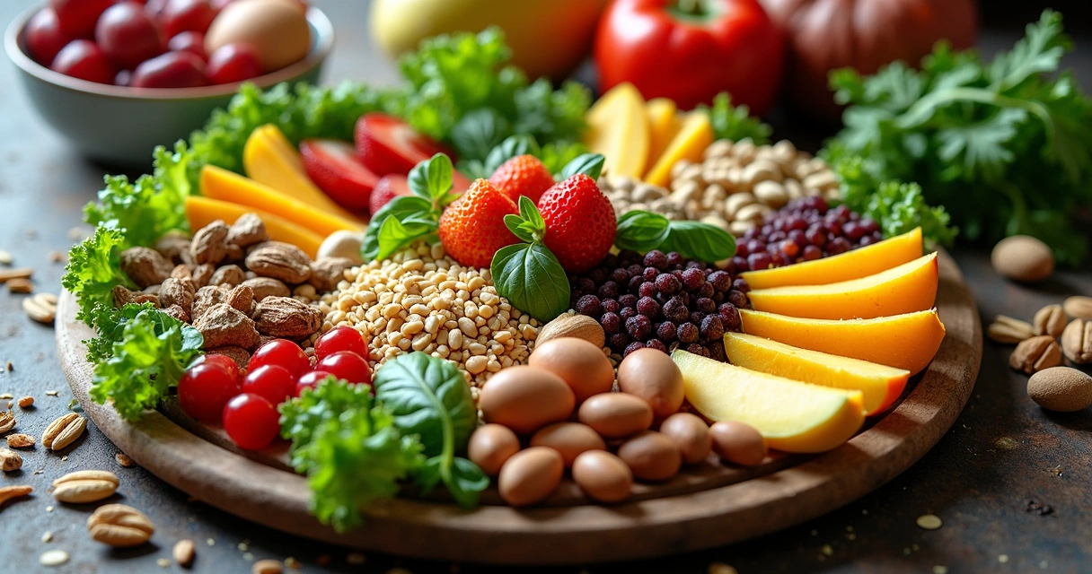 Frutas, vegetais e castanhas organizados em prato redondo 