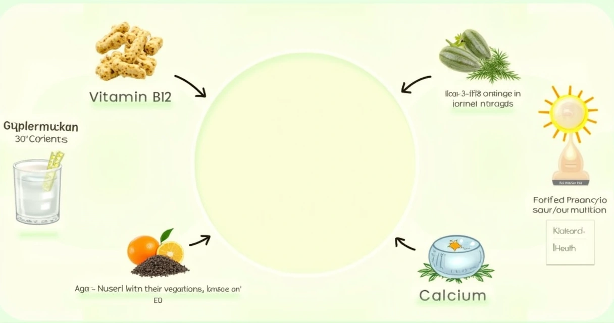 Ilustração educativa sobre nutrientes essenciais para suplementação vegana com infográficos coloridos.