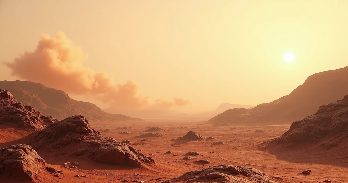 Nuvem fina de poeira sobre paisagem marciana rochosa sob céu pálido.