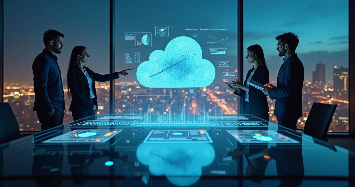 Arquitetos de nuvem observando nuvem digital com gráficos de custos equilibrados 