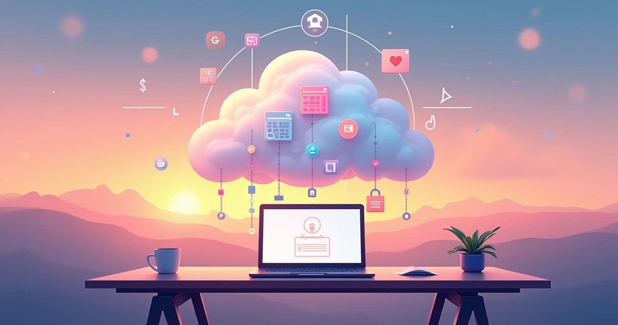 Nuvem de backup digital com ícones coloridos de dados e um ambiente de trabalho moderno em tons suaves.