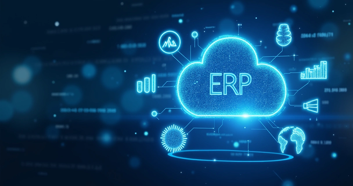 Símbolos de nuvem, BI e IA integrados ao sistema ERP 