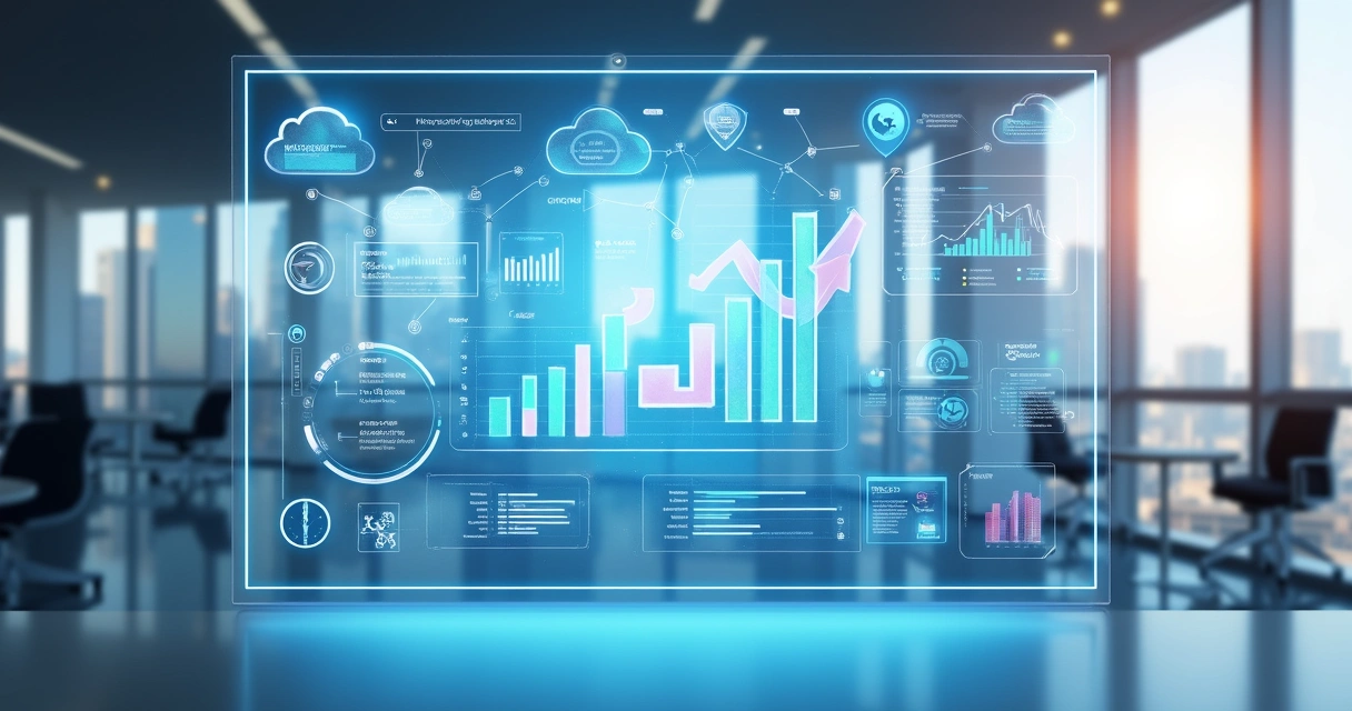 Painel de análise de dados com ícones de nuvem e gráficos digitais 