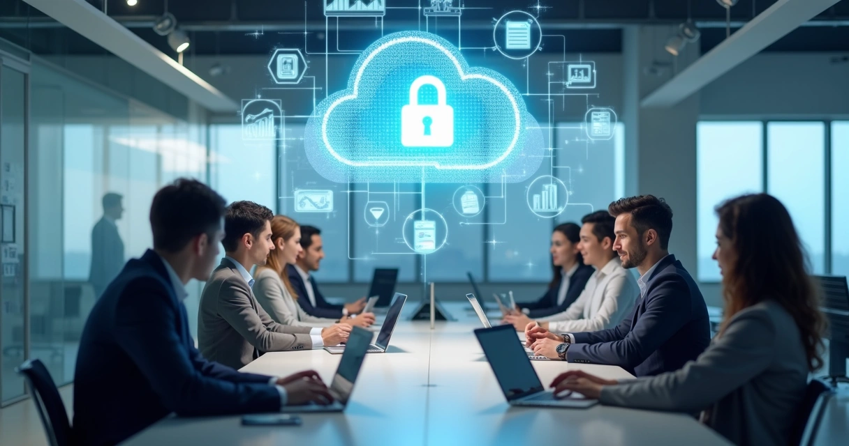 Equipe de escritório trabalhando em notebooks e tablets conectados a uma nuvem digital protegida com cadeado digital 