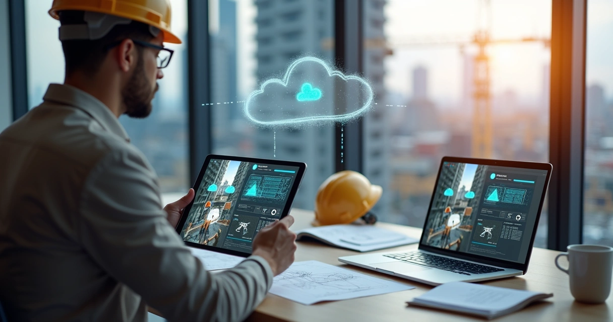 Engenheiro monitorando obra em tempo real via nuvem em tablet 
