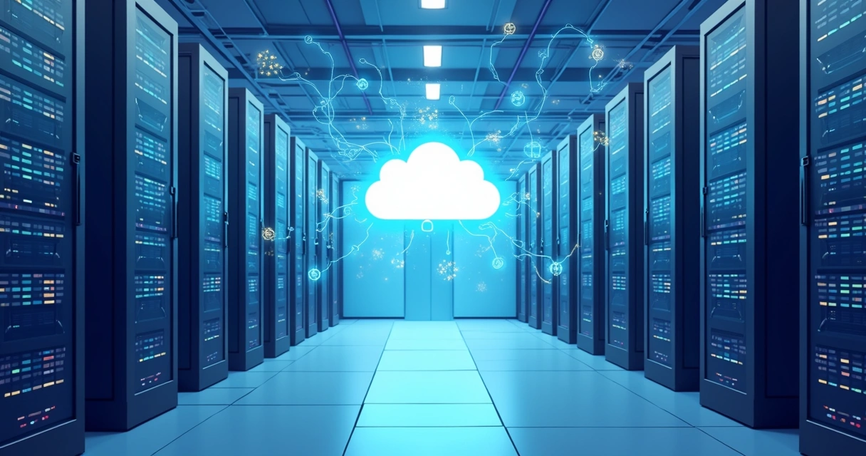 Data center moderno com servidores e nuvem digital ao fundo 