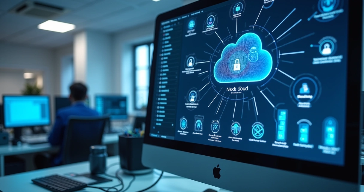 Interface moderna do Nextcloud em tela de computador com gráficos de colaboração e segurança ao redor 