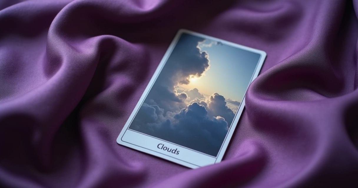 Baralho cigano mostrando a carta das Nuvens sobre fundo de lenço roxo 