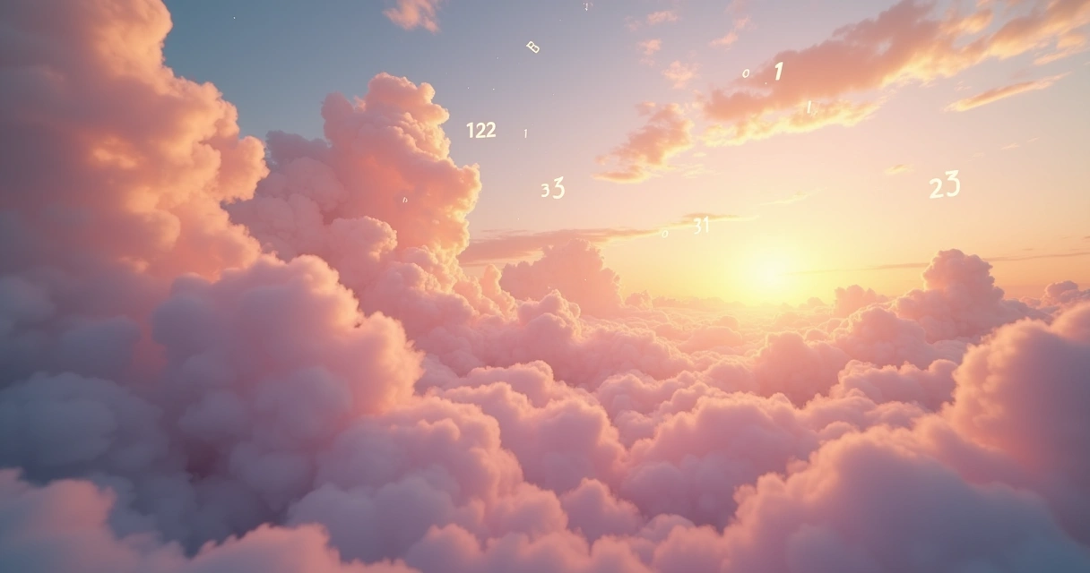 Números brilhando entre nuvens ao nascer do sol 