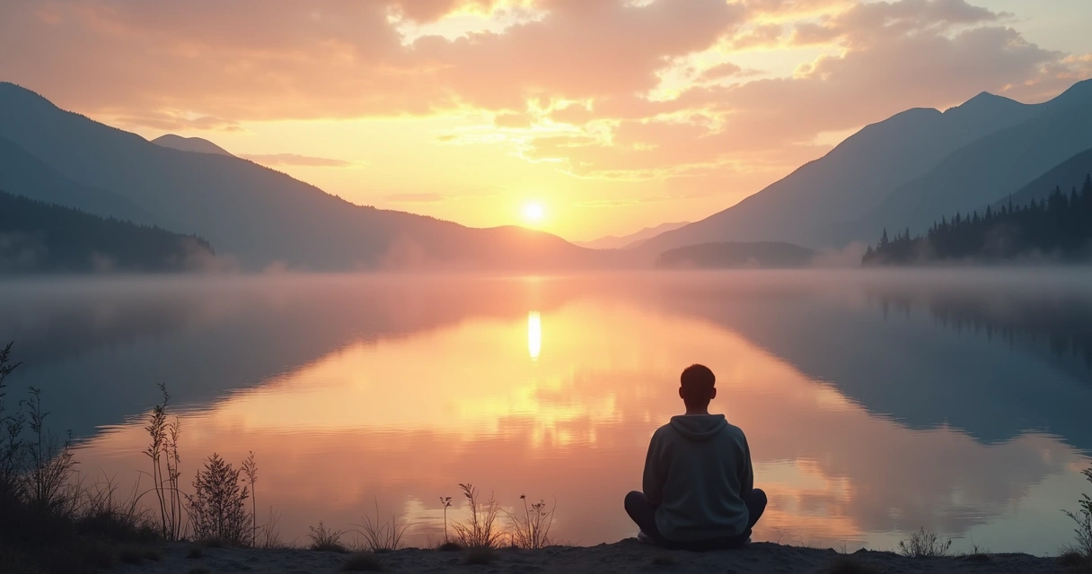 Nuvens refletidas em lago calmo ao entardecer 