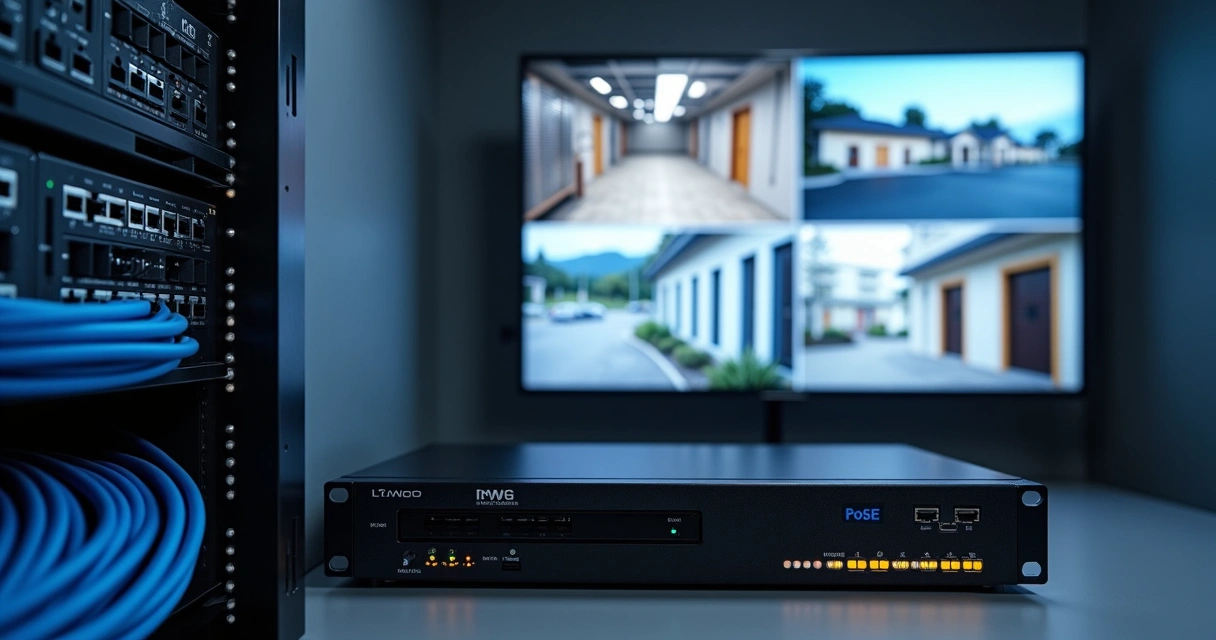 NVR ligado a câmeras IP e switch PoE em rack de segurança 