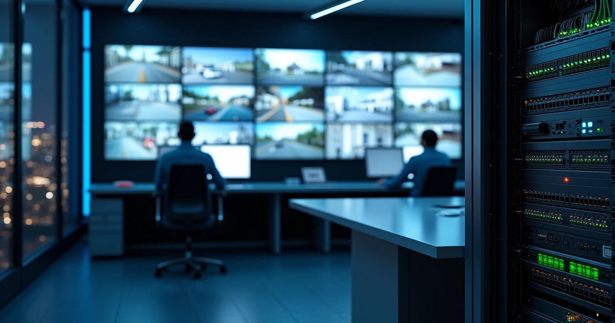 NVR em rack de TI em sala de controle corporativa moderna com telas exibindo múltiplas câmeras 