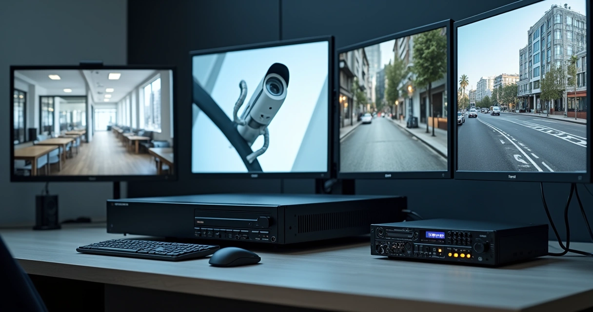 Central de monitoramento com várias câmeras, NVR e telas mostrando imagens de segurança 