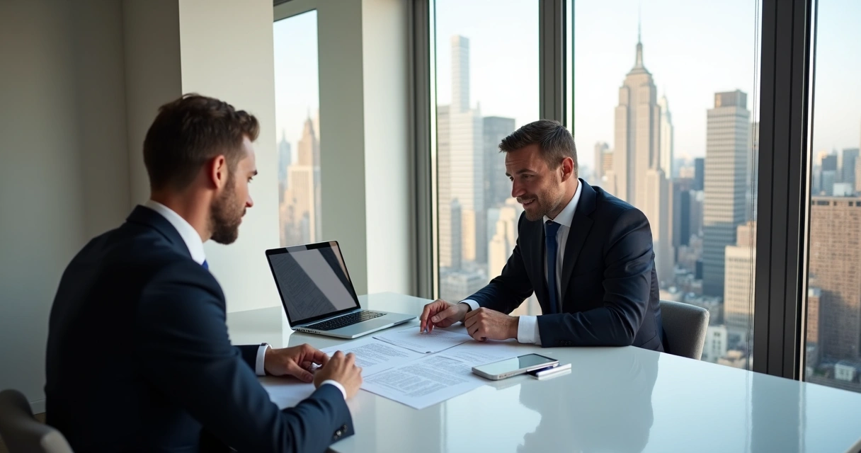 Real estate agent and client reviewing a contract in a New York City apartment 