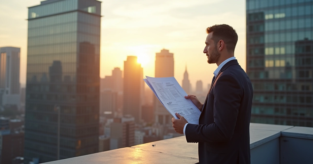 Inspector reviewing blueprints on a Manhattan rooftop