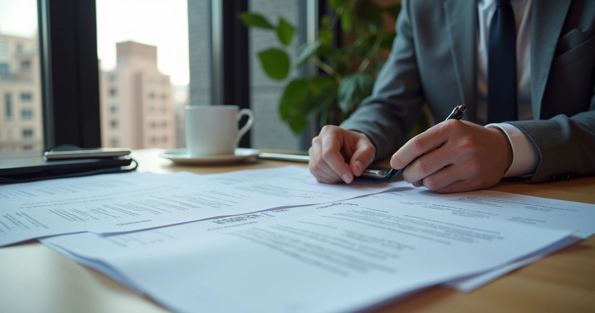 Person reviewing legal documents with NYC building in background 