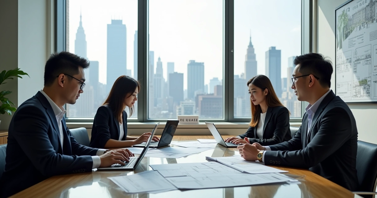 Chinese-speaking real estate agents having a meeting with high-end property investors in a Manhattan office 