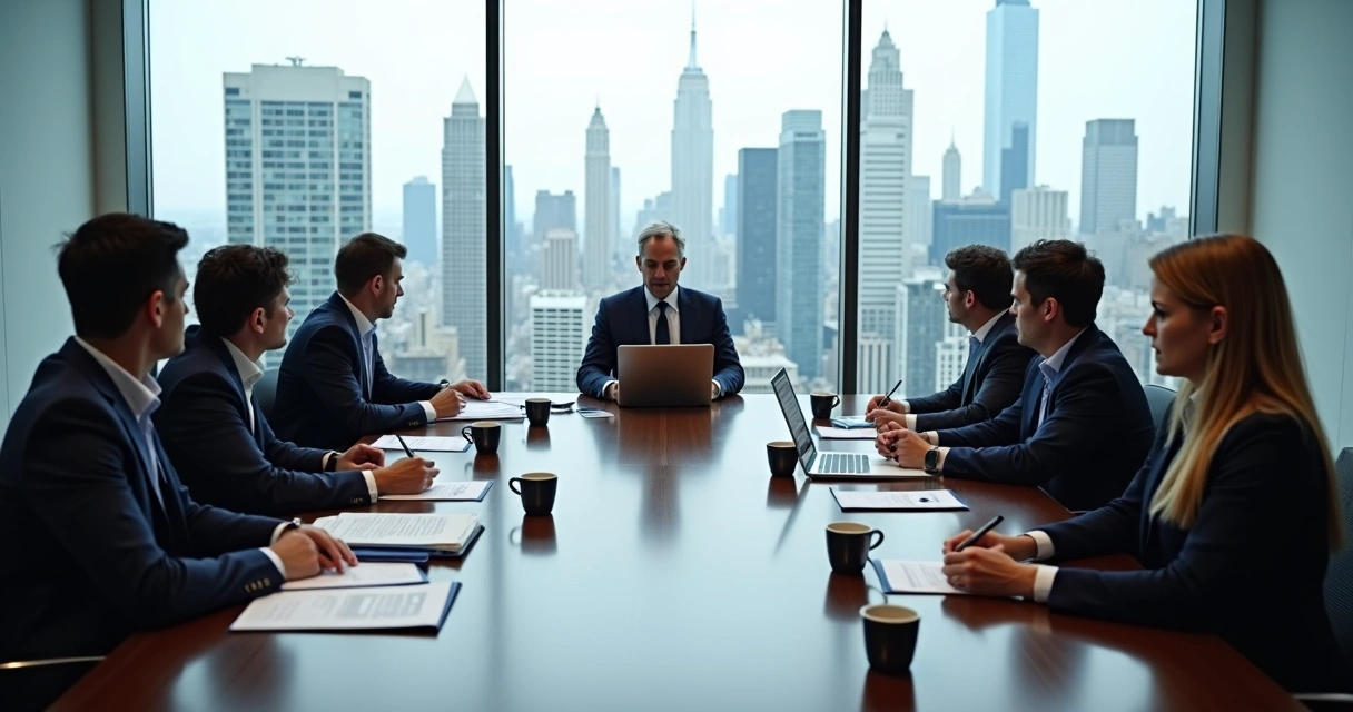 Condo board and investor meeting in modern New York conference room 