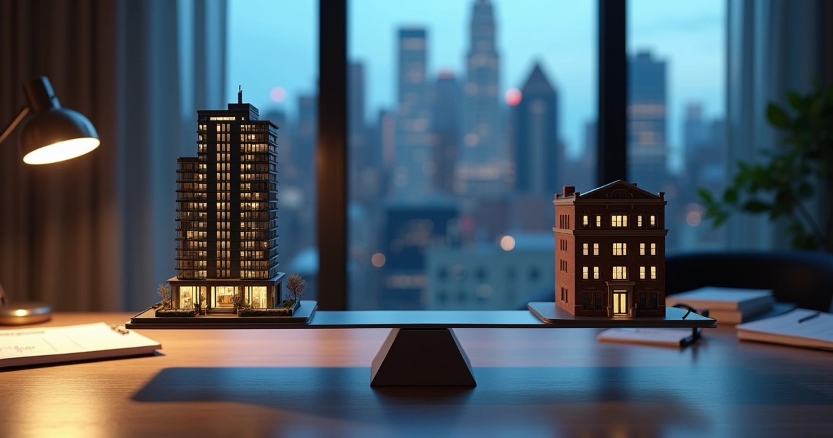 Scales balancing NYC condo tower and classic co-op building for investment choice 
