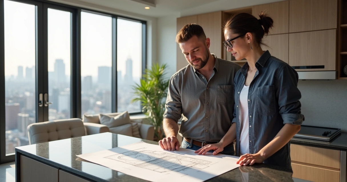 Contractor and condo owner discuss renovation restrictions inside a modern New York City condo