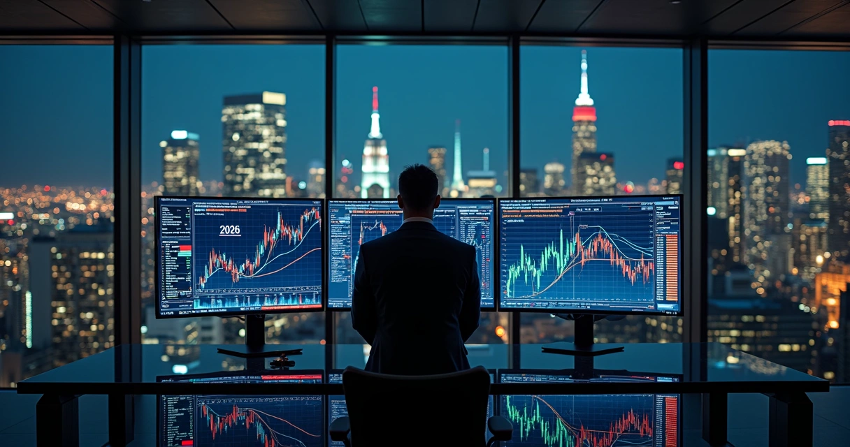 NYC buildings reflected in trader desk screens with interest rate charts 