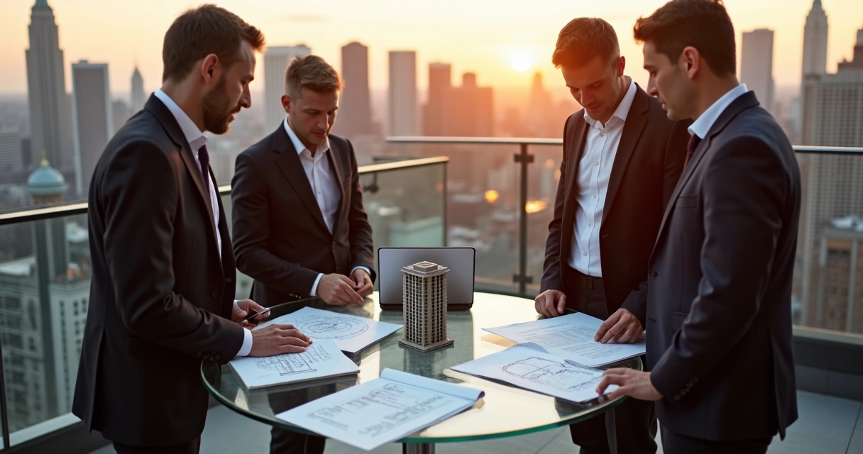 Investors reviewing joint venture terms on New York rooftop with skyline in background 