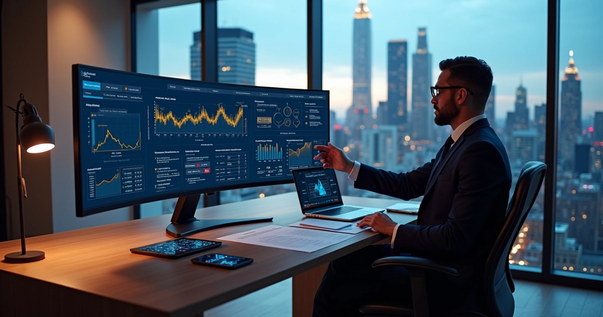 Luxury real estate investor analyzing NYC property metrics on a digital dashboard 