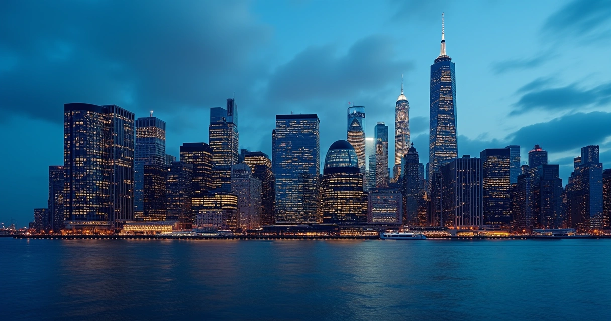 Night view of Manhattan luxury skyline with high-end residential towers and illuminated penthouses 